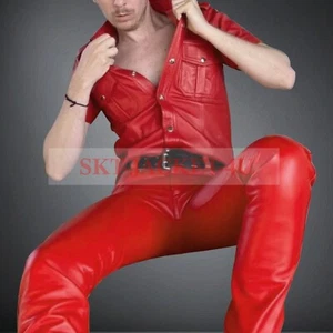 Men's Lambskin Leather Dress Genuine Red Leather Pant And Shirt Causal Dress - Picture 1 of 3