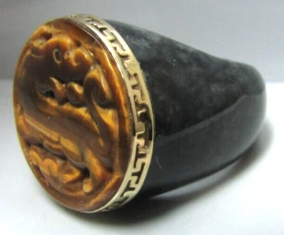 WW World Wide China 14K Yellow Gold Onyx & Tiger's Eye Carved Dragon Ring Sz 7 - Image 1 of 4