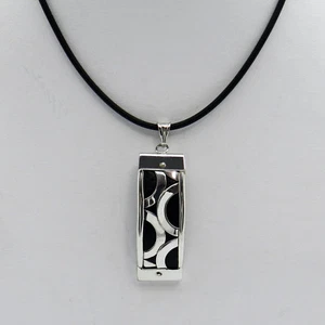 STERLINGSILBER SCHWARZES LEDER MODERN HANDGEFERTIGT IN ITALIEN HALSKETTE NEU IM KARTON # SN97 - Bild 1 von 4