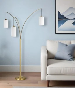 83" Brass Three Light Tree Floor Lamp With White Frosted Glass Drum Shade - Picture 1 of 9