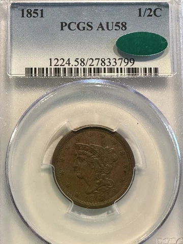 1851   BRAIDED HAIR HALF CENT  PCGS AU58  CAC Cover