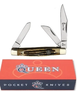 Queen pocket Knife Stockman Winterbottom bone handle with Display box - Picture 1 of 3