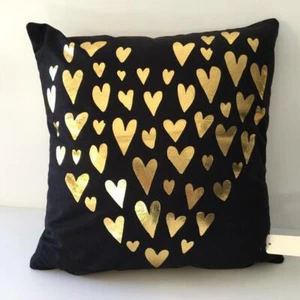 CUSHION COVER BLACK VELVET / VELOUR LOOK WITH GOLD LEAF STAMPED HEARTS 45CM - Picture 1 of 3