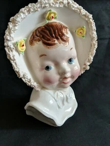 Vintage 1950’s Porcelain Blue Eyed Baby Head Vase 6"x4" White W/Yellow Roses - Picture 1 of 8