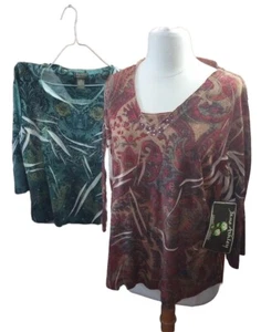 Jane Ashley Shirt 2 Womens XL Floral Paisley Jeweled 3/4 Sleeve Red Green Set - Picture 1 of 9