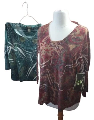 Jane Ashley Mujer Camisa Conjunto De 2 XL Nuevo Floral Paisley Joya Rojo Verde  Foto 1 de 4