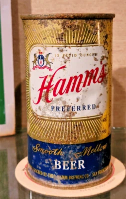 Lata de cerveza Hamms 1954 preferida tapa plana San Francisco Ca Kan Kegs Pacific Can Co Foto 1 de 4