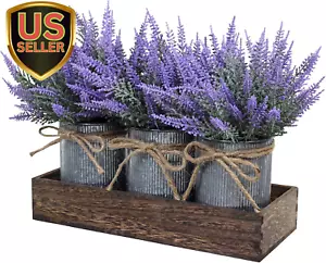 Set of 3 Small Potted Plants Arrangement Artificial Lavender Flower Plants in Ru - Picture 1 of 9