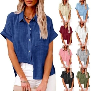 Womens Summer Casual Blouse Ladies Button T Shirt Short Sleeve Tops Tunic UK - Picture 1 of 30