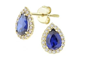 9ct Yellow Gold Blue Sapphire & Cz Teardrop Pear Cluster Stud Earrings - Picture 1 of 6