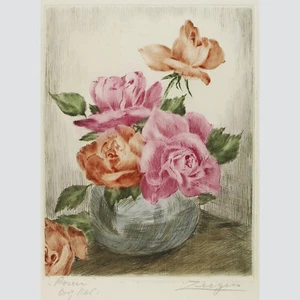 Adrianus van Zeegen: Rosenstrauß in Vase. Kolorierte Radierung.  - Bild 1 von 1