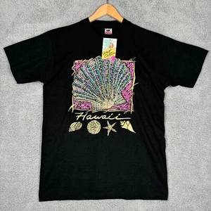 Vintage Hawaii T-Shirt Herren Medium Schwarz Muscheln Seestern Textur Grafik Neu - Bild 1 von 8