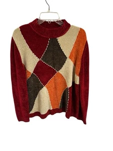 Maglione maglia Alfred Dunner donna XL retrò ciniglia stile patchwork rosso - Foto 1 di 4