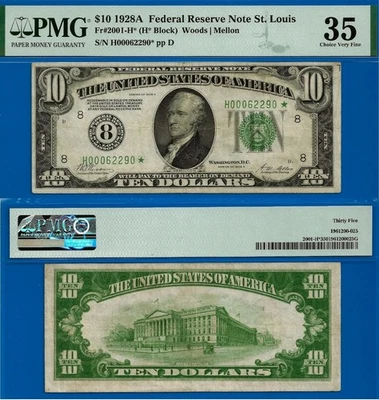 1928A $10 Federal Reserve Note PMG 35 - St Louis Star - Fr 2001-H* - Image 1 of 3