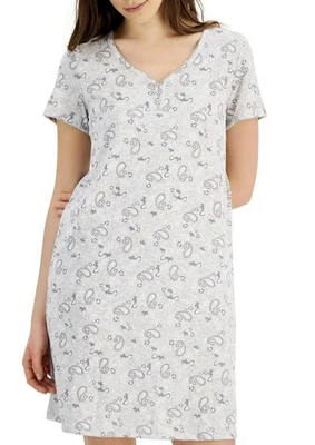 CHARTER CLUB Short Sleeve Cotton Essentials Chemise Nightgown Gray Paisley Small - Image 1 of 4