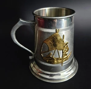 Zinn Bierkrug Becher mit Kupfer Schiff Design Detail 5,25" Bolivien - Bild 1 von 9