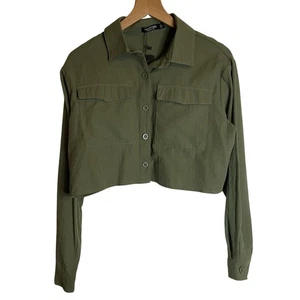 NWT Nasty Gal Button Up Long Sleeve Collared Super Cropped Army Green Blouse Sz8 - Picture 1 of 9