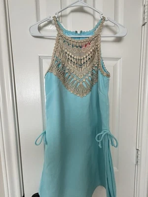 Lilly Pulitzer Gold Lace Pearl Shift Bali Blue Aqua Preppy Romper Dress 00 - Image 1 of 3