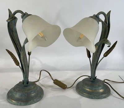 Schönes Paar italienische Metall Tischlampen Blumen Design Schneeglöckchen/Tulpe - Bild 1 von 4