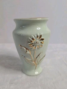 Vintage Vase circa 1940's Green Pottery with Gold Embossed Flowers 4.5 Inch - Picture 1 of 8