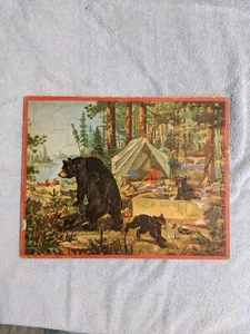 Vtg A. M. WALZER 11"x14" Inlay Jigsaw Puzzle Bears in Camp Vaughan Bass Complete - Picture 1 of 3