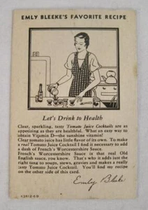 Emly Bleeke Tomato Juice Recipe Card Advertising 1920s Frenchs Antique (O) - Bild 1 von 2
