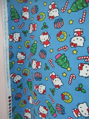 Sanrio Hello Kitty Blue Cotton Christmas Fabric  David Text.   VTG 2004 22"X43" - Image 1 of 4