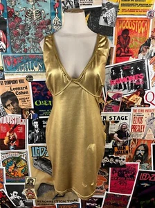 Vintage 90s Metallic Gold Ujena Nylon Spandex Deep V Club Disco Mini Dress Medium - Bild 1 von 16