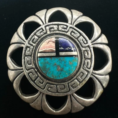 Prendedor/broche de plata esterlina multi turquesa, rodocrosita, lapislázuli estilo azteca Foto 1 de 3