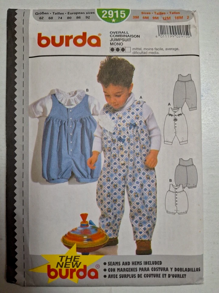 Overalls Shortalls Romper Boys 3M 6M 9M 12M 18M 2T Burda 2915 Sewing Pattern - Image 1 of 4