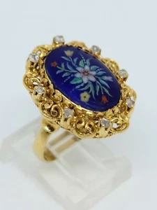 Vintage Italy 18K Yellow Gold Flower Blue Enamel Diamond Ring Size 6 MSRP $3,200 - Picture 1 of 12