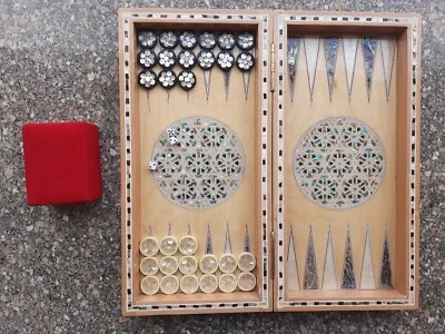 Backgammon Inlaid Mother of Pearl 16" Handmade 30 Pieces Handmade Made In Egypt⚪ - Image 1 of 4