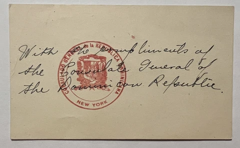 UNIQUE POSTCARD WITH RED SEAL OF THE CONSULATE GENERAL OF THE DOMINICAN REPUBLIC Cover
