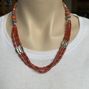 Handmade Tibetan Necklace - 3 Line Coral Tibetan Tribal Ethnic Jewellery NL-101 - Picture 1 of 7