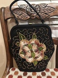Black 1940's Wool Purse With Flower And Glitter - Picture 1 of 7