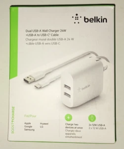 New Belkin Boost+Charge Dual USB-A Wall Charger 24W, 2.4 Amp•Foldable Plug - Picture 1 of 3