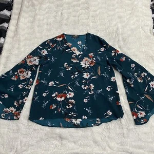 Papillon Women's Teal Floral Print Polyester Flared Sleeve Kimono Blouse Size L - Picture 1 of 12