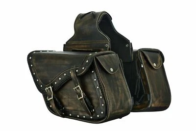 Distressed Brown Con. C. REAL LEATHER Saddlebags With Studs For Harley Davidson  - Image 1 of 4
