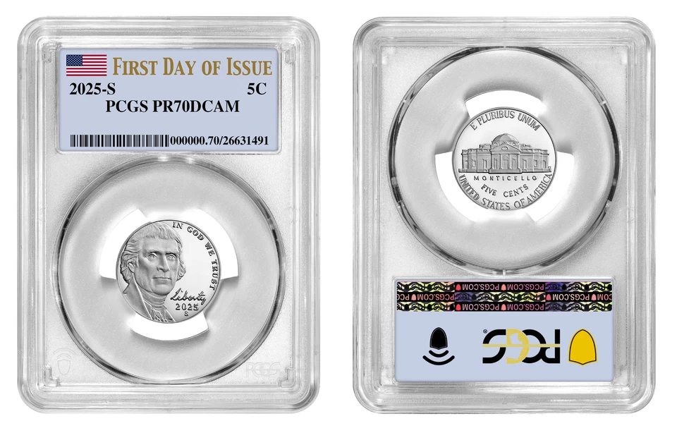 2025 S Jefferson níquel 5C PCGS PR70DCAM primeiro dia de emissão #255 - Imagem 1 de 1