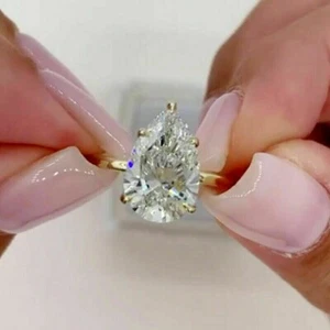 3 Ct Pear Cut Solitaire Lab-Created Diamond Ring In 14k Yellow Gold Plated - Picture 1 of 5