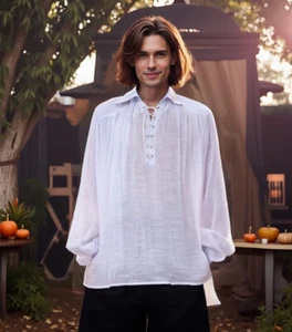 Medieval Renaissance Men's Lace-up Shirt Party Gothic Vampire Shirt Pirate Shirt - Picture 1 of 24