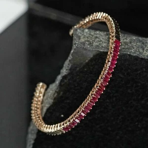 Natural Ruby Gemstone Baguette Cut 14K Rose Gold Cuff Jewelry Handmade Bangle - Picture 1 of 8