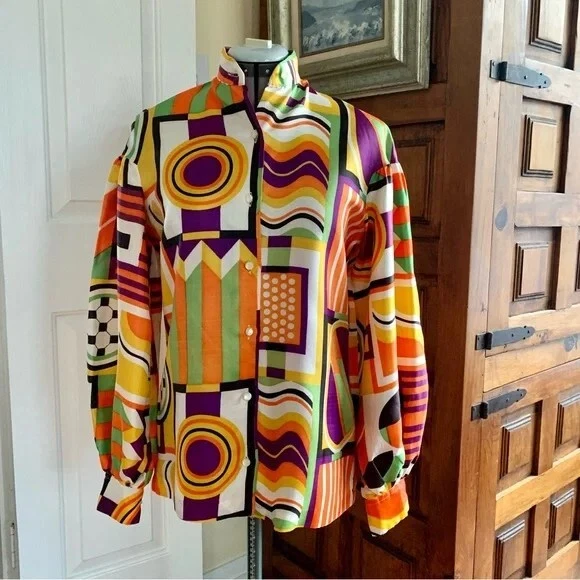 Morgan of London Vintage 60’s 70’s Funky Groovy  Button Up Top w/ Vibrant Colors - Image 1 of 4