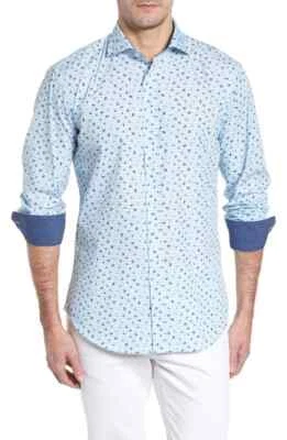 BUGATCHI NWT Zig Zag Floral Shaped Fit Long Sleeve Blue Sport Shirt XXL $179 - Image 1 of 4