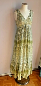 CAROLL robe été longue bas volanté coton soie imprimé végétal vert T  38 - Picture 1 of 12