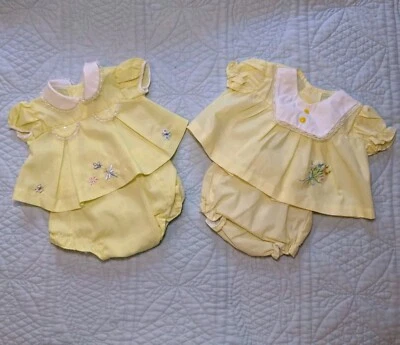 Vintage 2 Sets Cradle Togs Yellow Baby Girls Dress & Bloomers Set Embroidered - Image 1 of 4