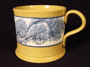 EXTREMELY RARE ANTIQUE 1800s BLUE MOCHA DECORATED MUG MOCHAWARE YELLOW WARE MINT - Picture 1 of 13
