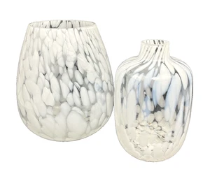 Zodax White Snow Falling Blown Glass Pair Vases Large Oval & Small Jar Shape - Picture 1 of 10