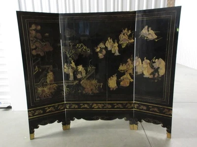Vintage Chinese 4-Panel Black Lacquer Screen Court Scene Gilt Hand Painted VGUC - Image 1 of 4
