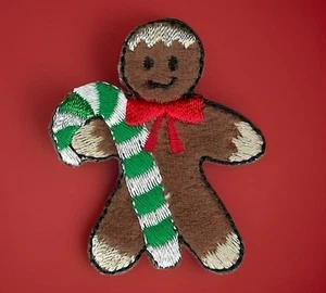 1 1/2" x 1 3/4" Christmas Gingerbread Man Candy Cane Embroidery Patch - Picture 1 of 2